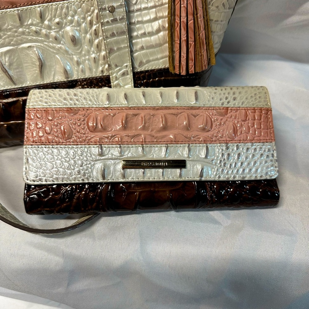 Brahmin Tote Purse with Matching Wallet and cover bag in Toasted Macaroon design
